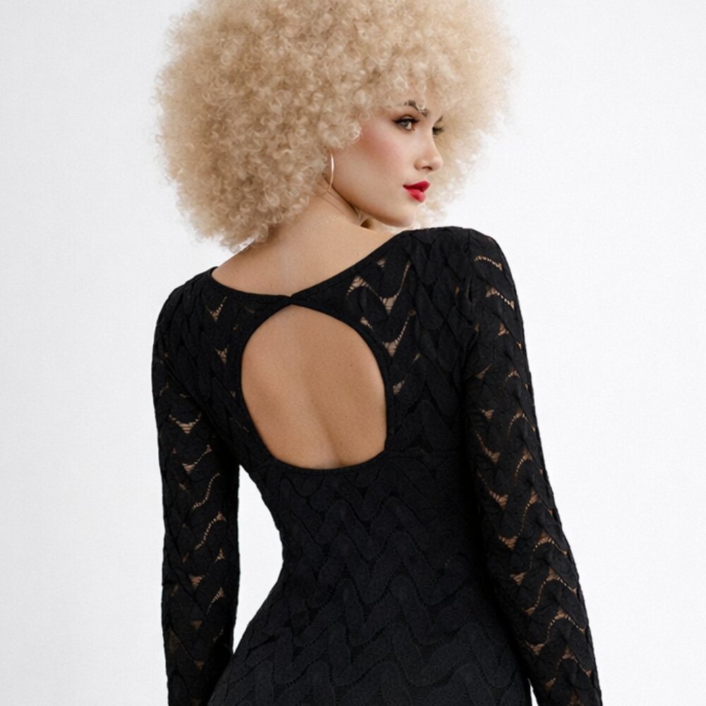 Free People Chevron Pattern Bodycon Dress Womens Small Black Crochet Knit  Read